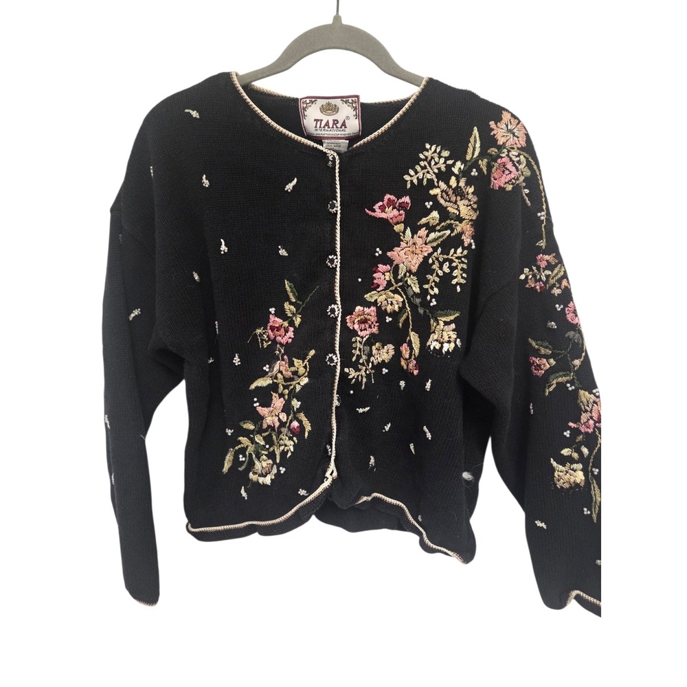 Tiara International Vintage Floral Embroidered Cardigan Black Pearl‎ XL Cottage